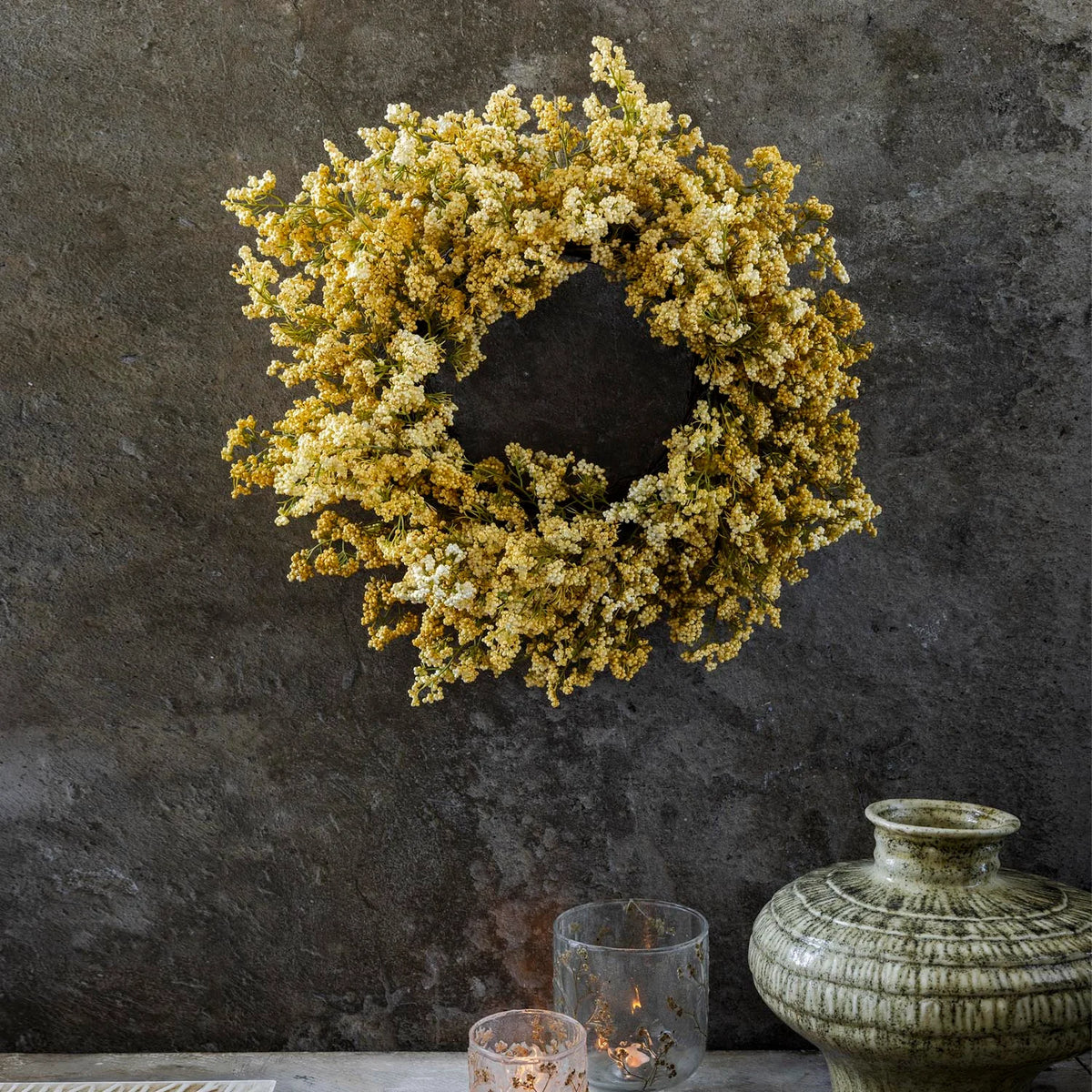 ARTIFICIAL RICE FLOWER WREATH, HONEY - *PRE ORDER* Due Mid November 2026